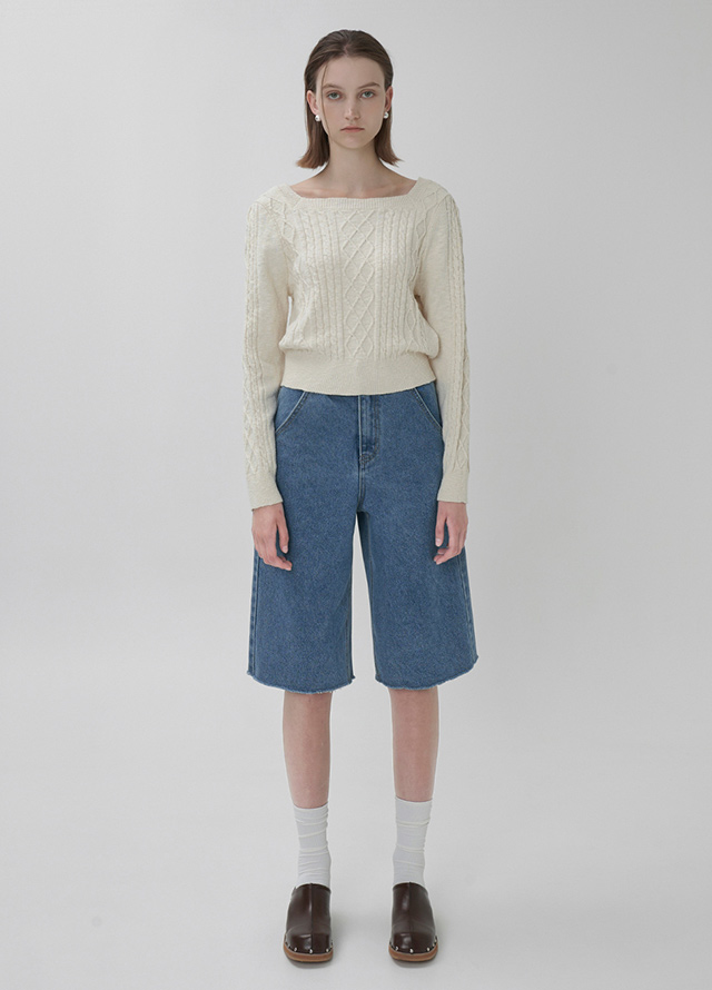 (T-6615) Square Neck Cable Puff Knit Top Korea