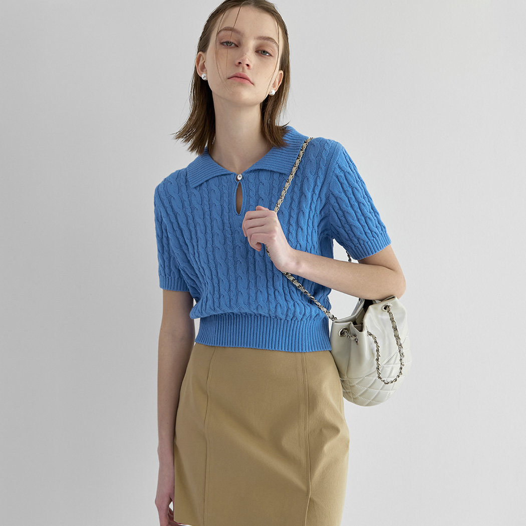 (T-6638) Cable Open Collar Crop Knit