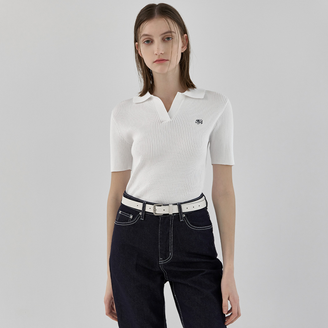 (T-6631) Open collar bone embroidery slim knit