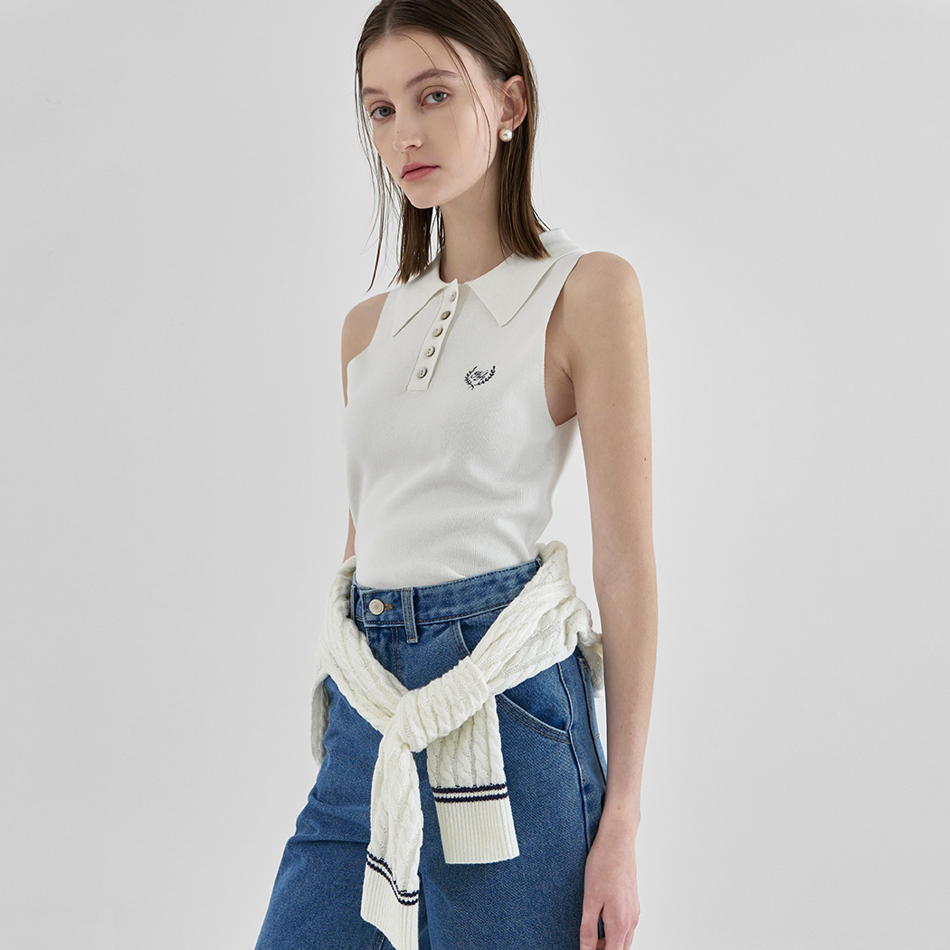 (T-6643)Classy embroidery sleeveless slim knit