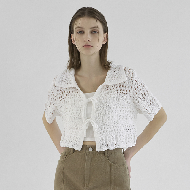(CD-2041)Lace Crochet Crop Open Cardigan