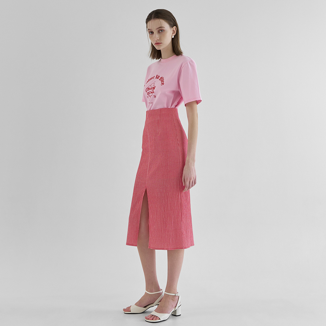 (SK-4781)Gingham Seersucker Slit Midi Skirt