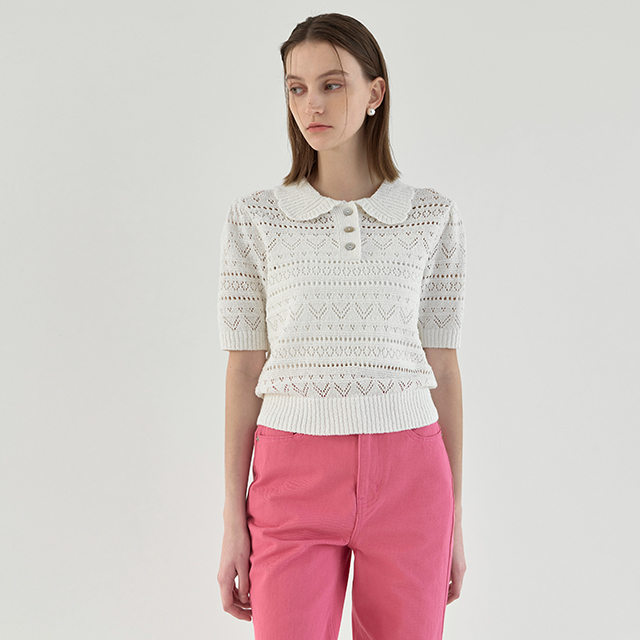 (T-6645)Crochet Puff Sleeve Collar Knit