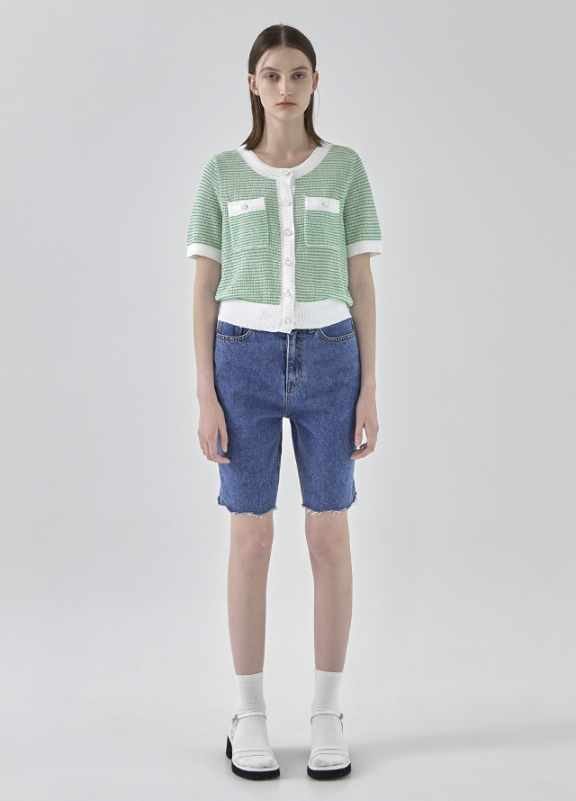 (CD-2061) New Tweed Crop Short Sleeve Knit Cardigan Korea