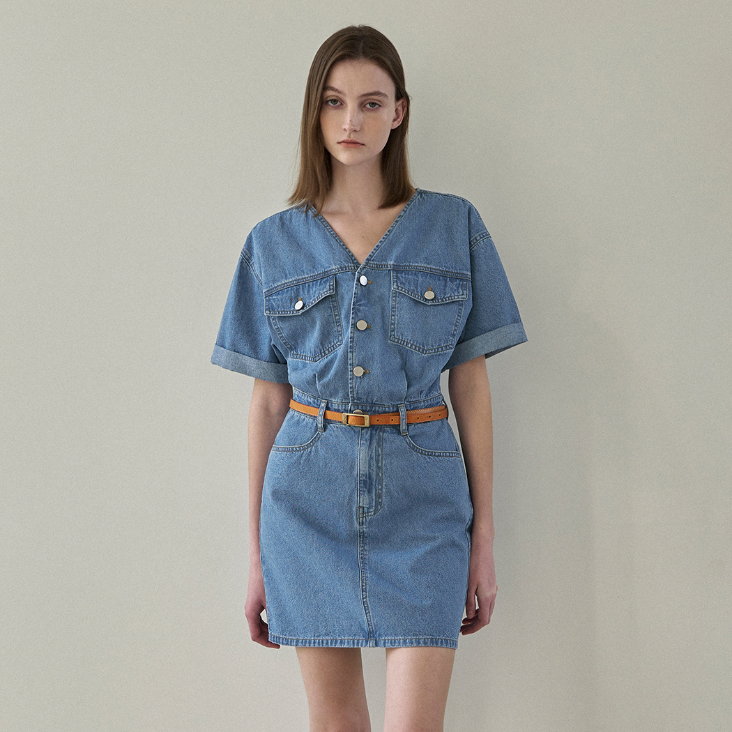 (Z-OP-6071)V-NECK MINI DENIM DRESS