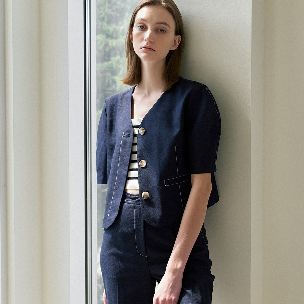 (BL-4140) Bella Set-up Stitch Crop Blouse