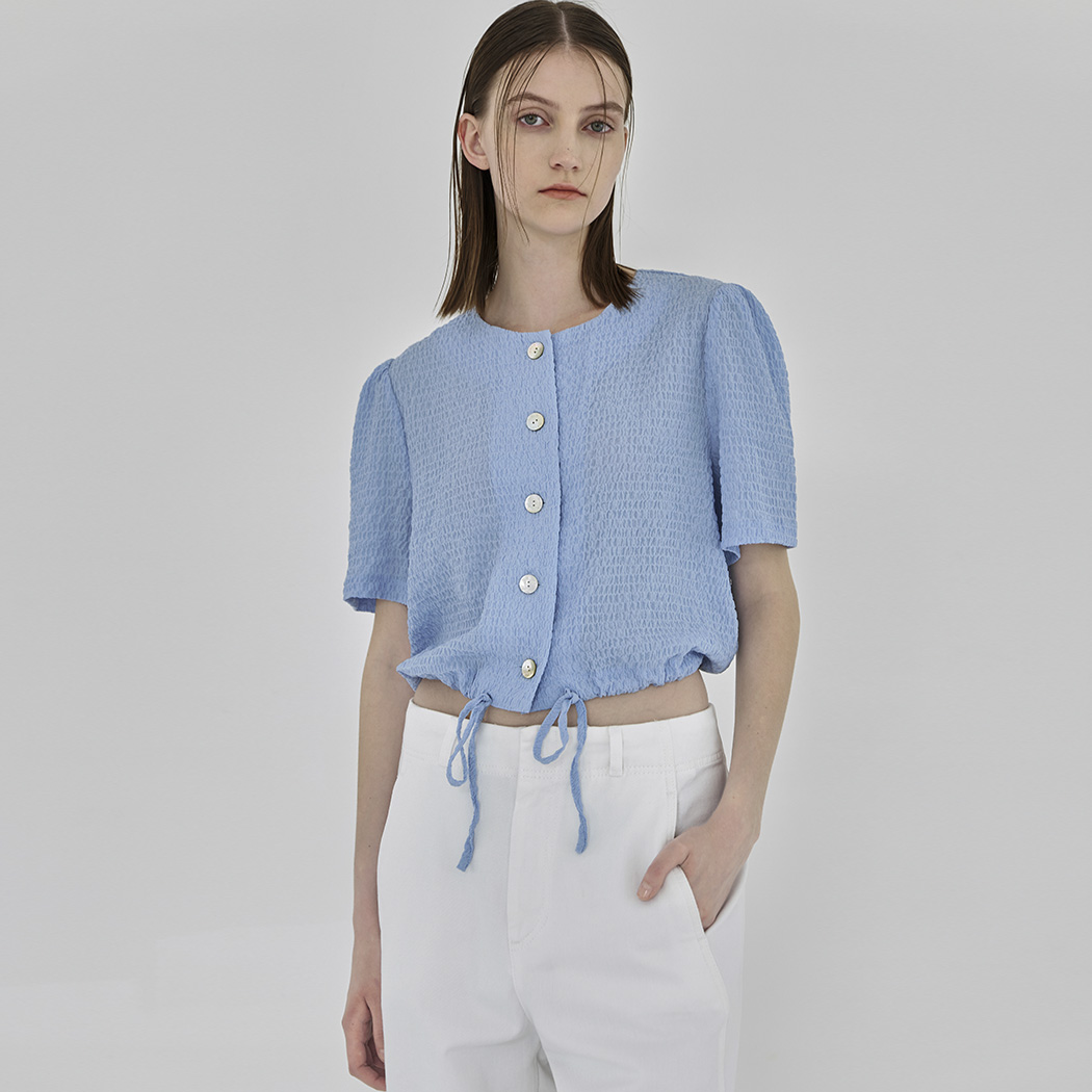 (BL-4128) Wrinkle Blue Jean Crop Blouse