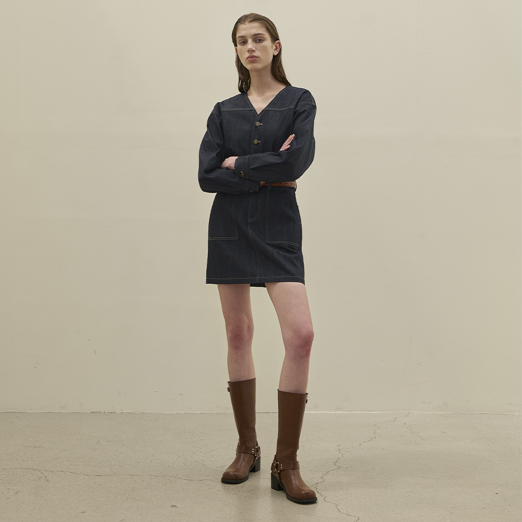 (OP-6106) Selvage V-neck Denim Mini One Piece