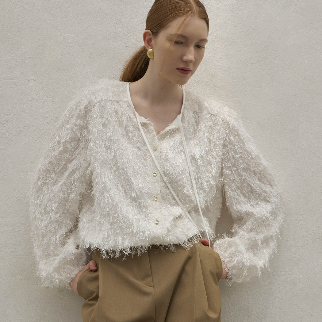 (BL-4162) Illusion Feather Blouse White