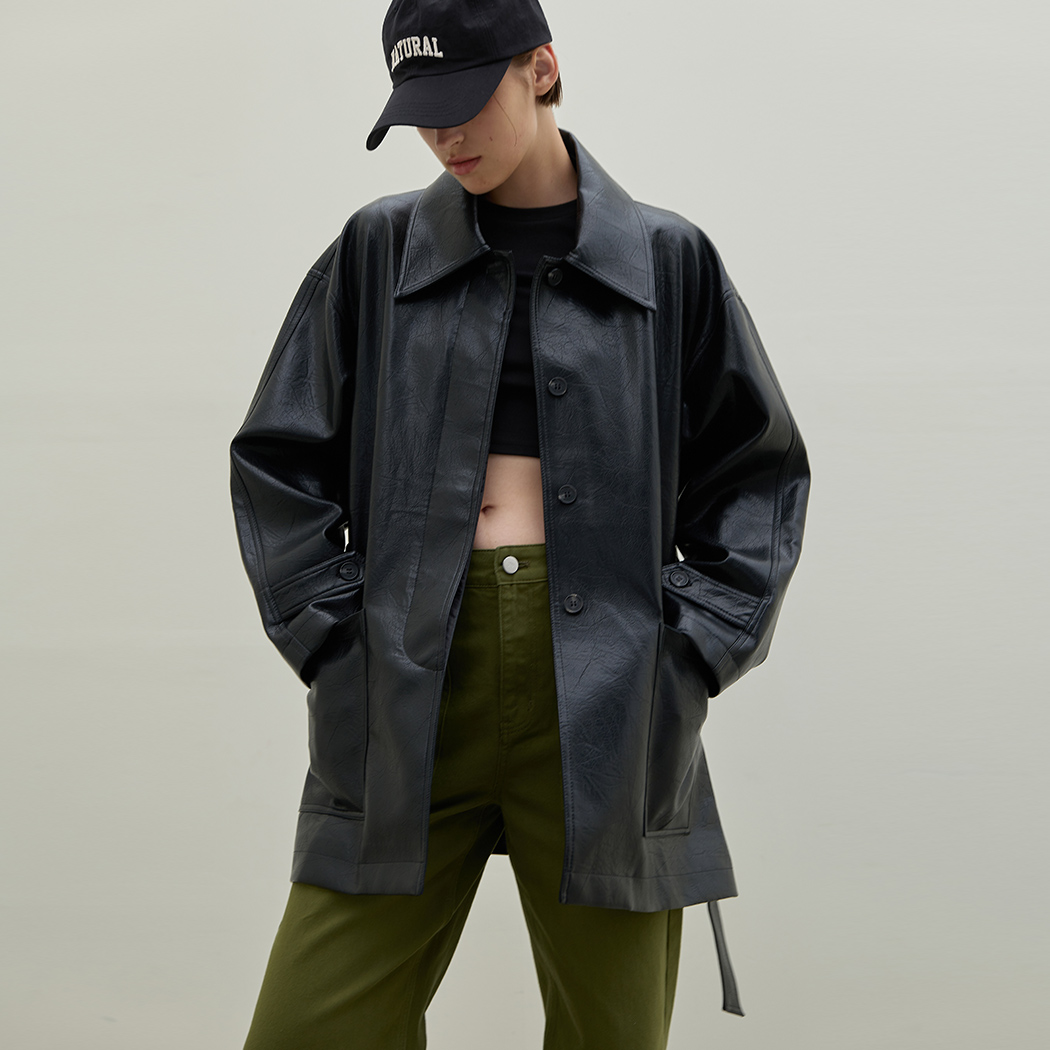 (CT-1433) Belted Half Leather Coat S