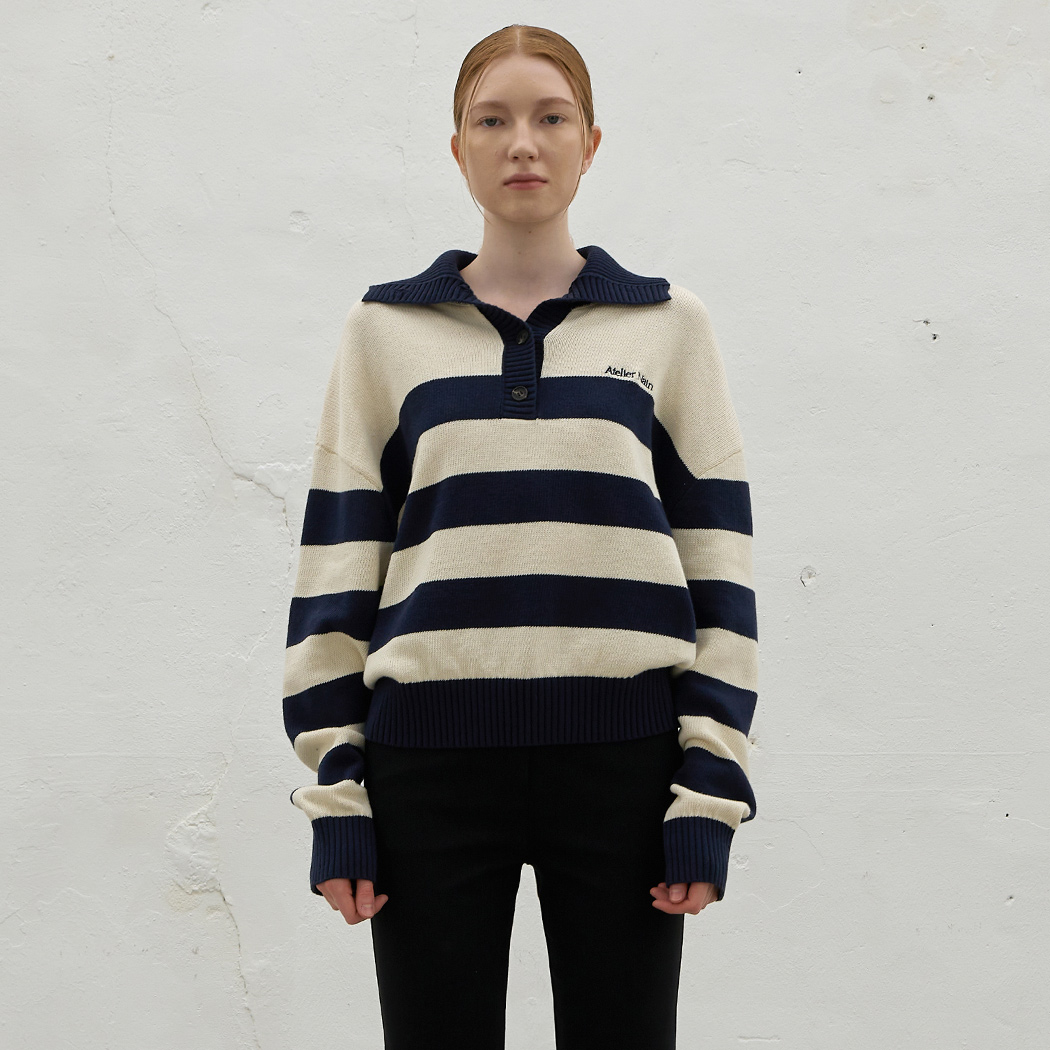 (T-6698) High neck stripe overfit knit