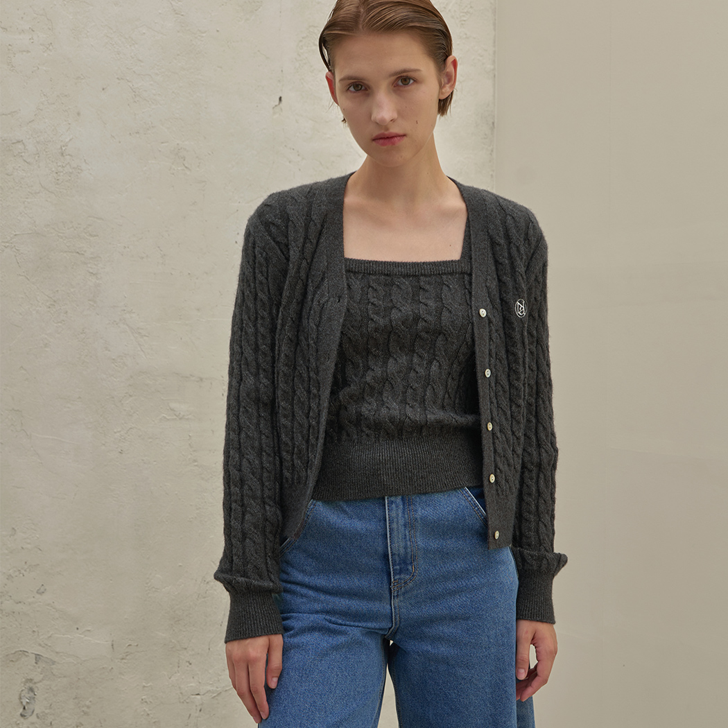 (CD-2077)Hairy Knit Top Cardigan Set S