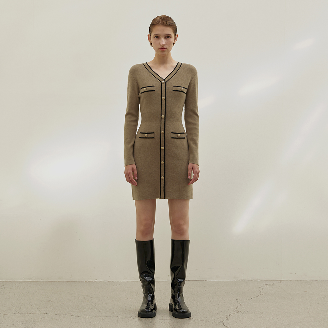 (OP-6094) Classic color line V-neck knit one-piece