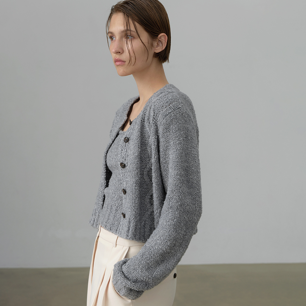 (CD-2091) Wool Buckle Knit Cardigan Top Set S