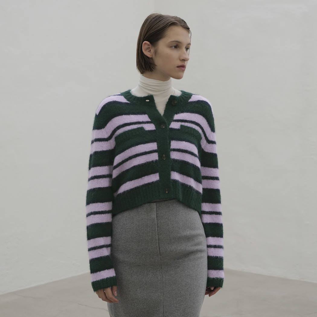 (CD-2082)Wool Stripe Crop Knit Cardigan