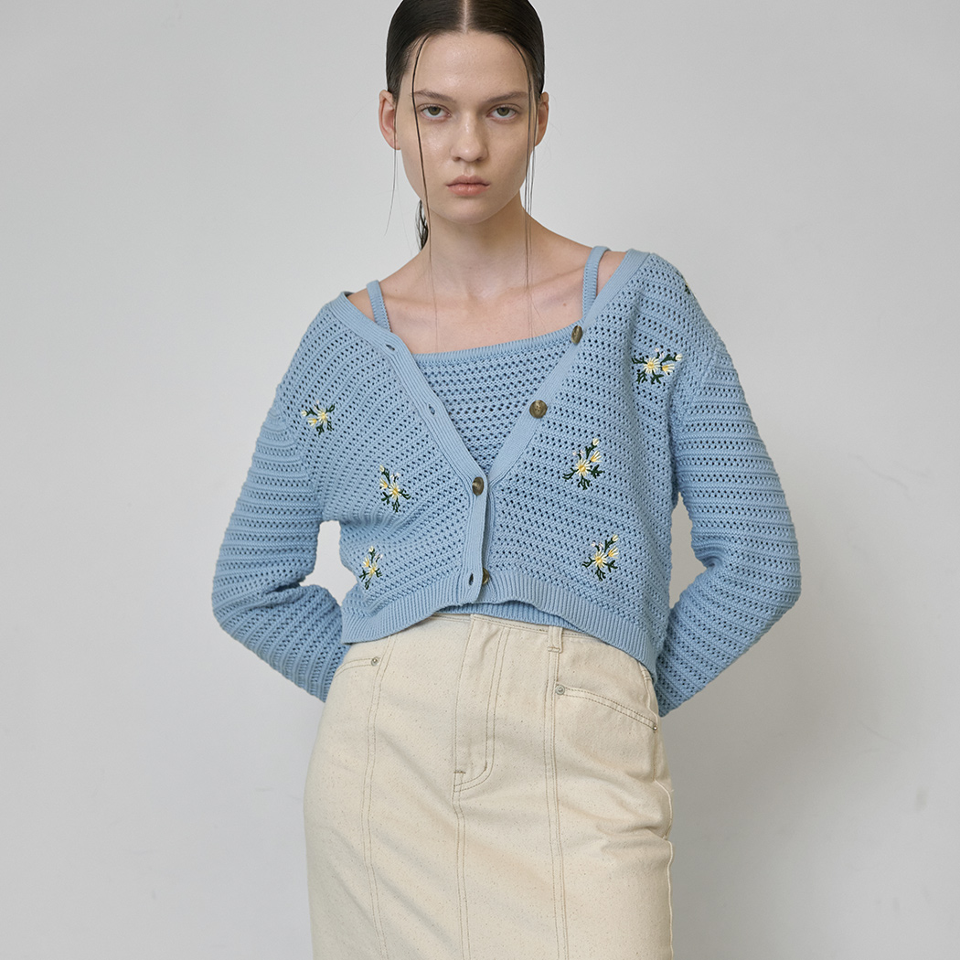 (CD-2104)FLOWER EMBROIDERY TOP&CARDIGAN SET S
