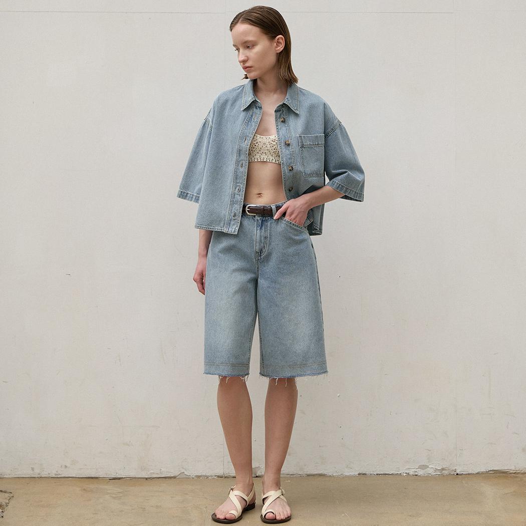 (PT-5546)BOXY SET-UP HALF DENIM PANTS