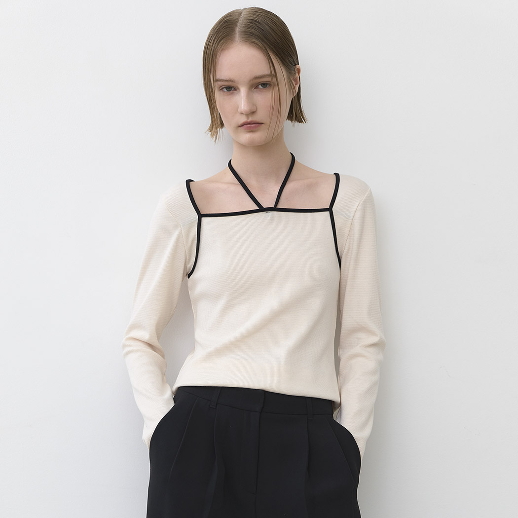 (T-6996)COLOR BLOCK HALTER SLIM TEE