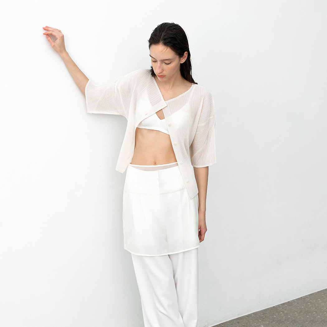 (CD-2229)PLEATS BOAT NECK HALF CARDIGAN