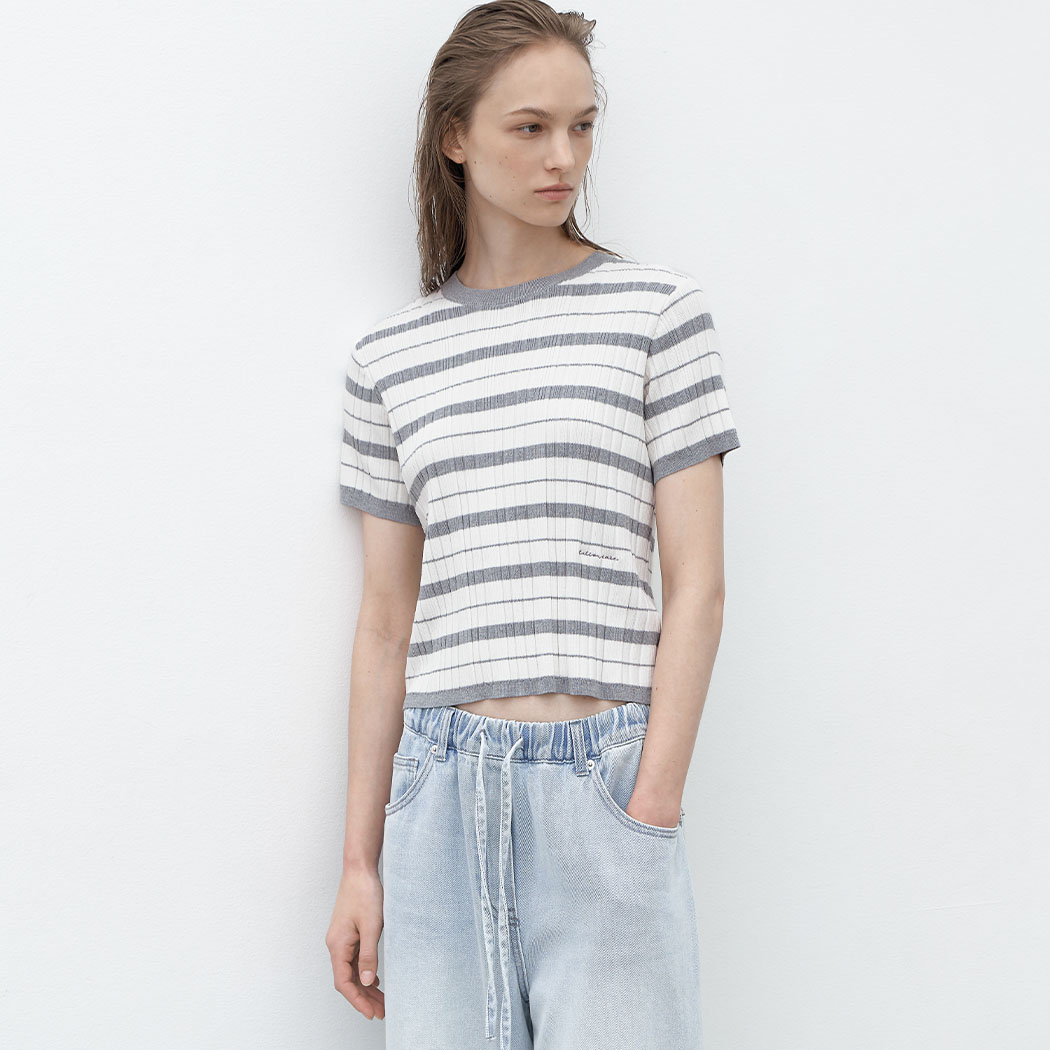 (T-7068)PIE STRIPE ROUND NECK KNIT