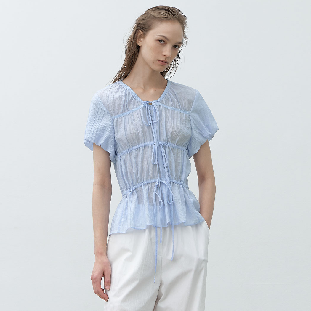 (BL-4318)SHIRRING 3-RIBBON PUFF BLOUSE Korea