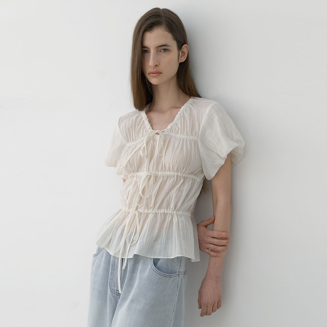 (BL-4318)SHIRRING 3-RIBBON PUFF BLOUSE