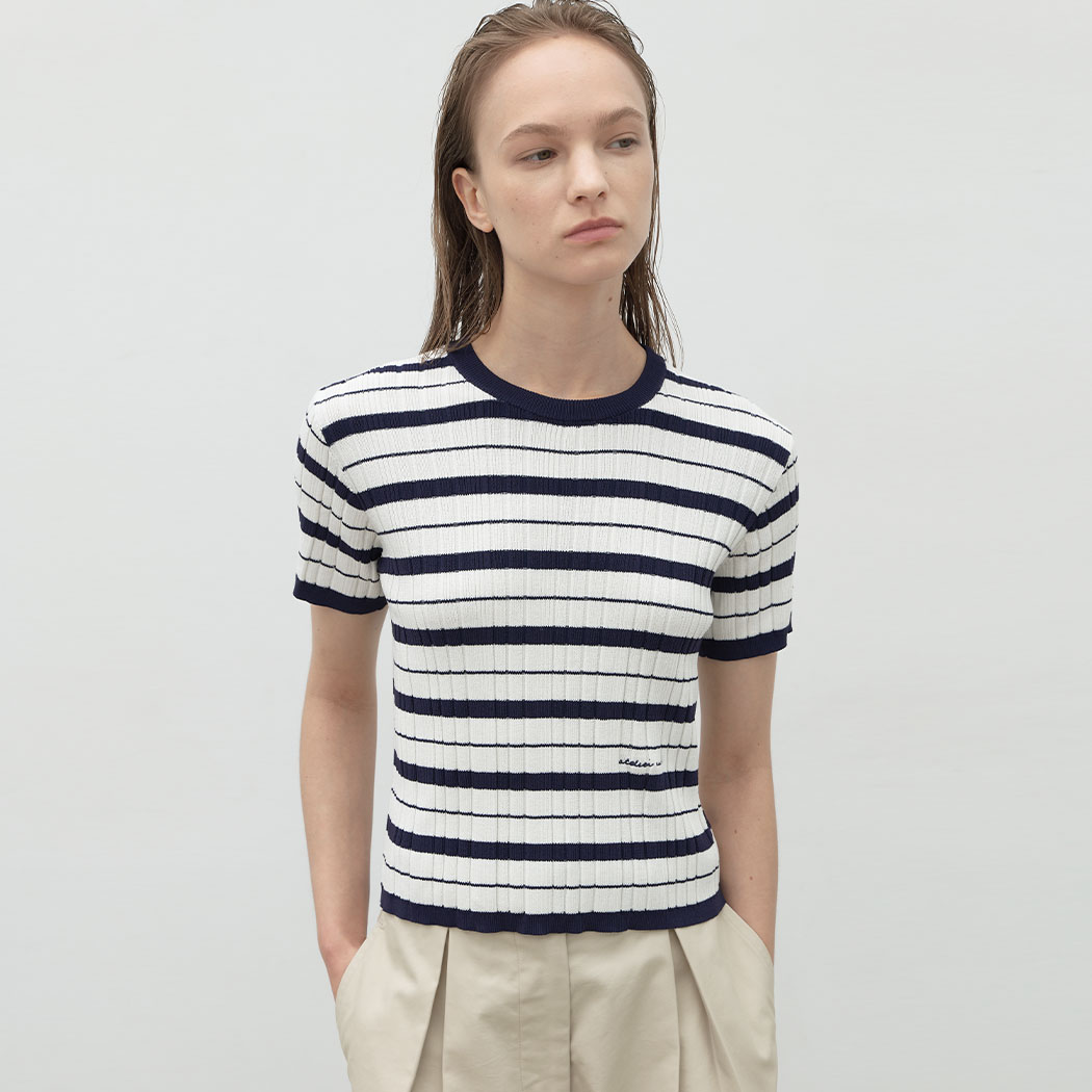 (T-7068)PIE STRIPE ROUND NECK KNIT