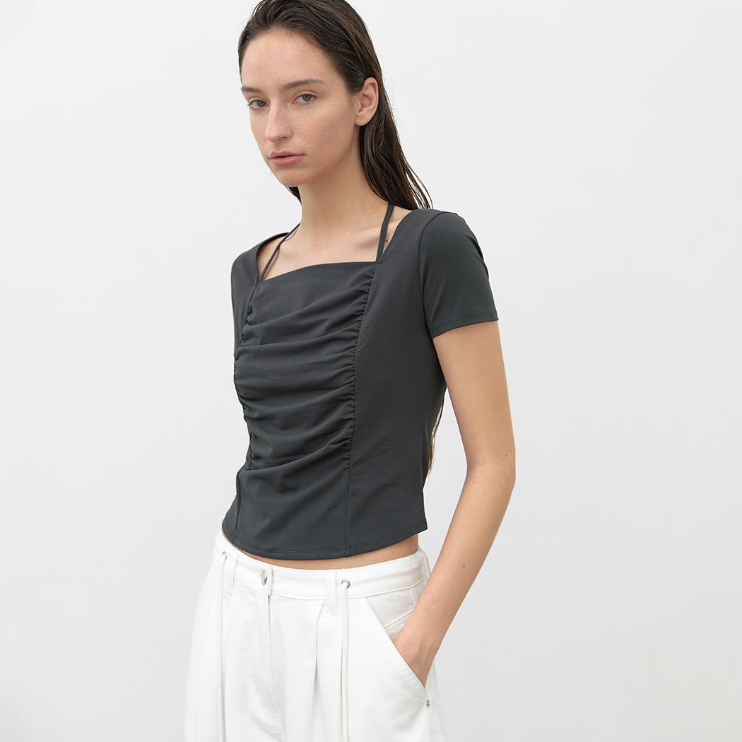 (T-7047)HALTER SQUARE NECK SHIRRING TOP