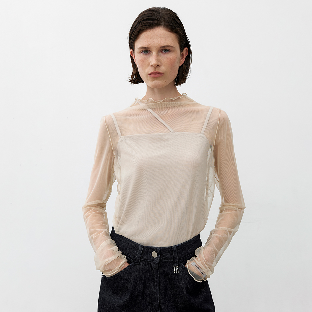 (Z-BL-4290)LAYERD SHIRRING SHEER TEE