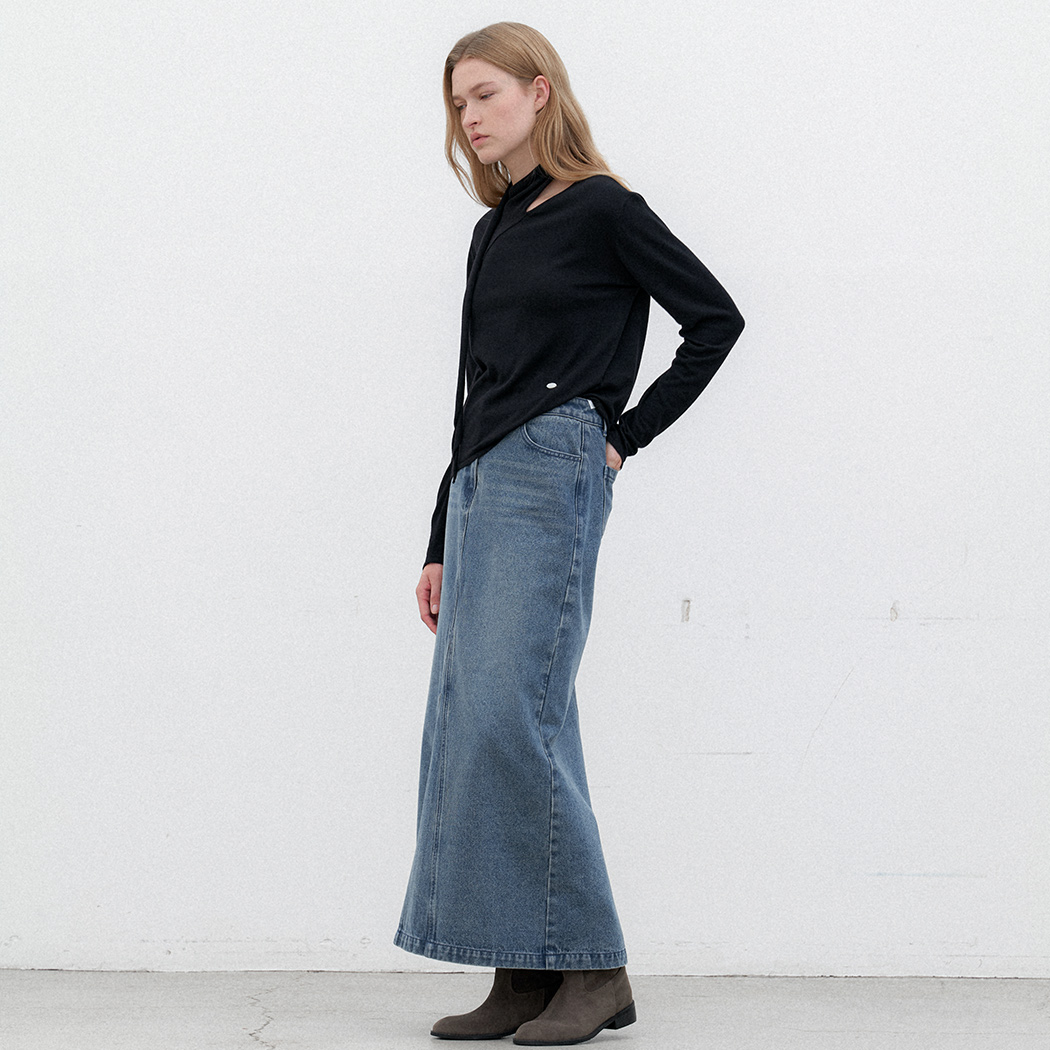 (SK-5040)SLIT POINT DENIM MAXI SKIRT