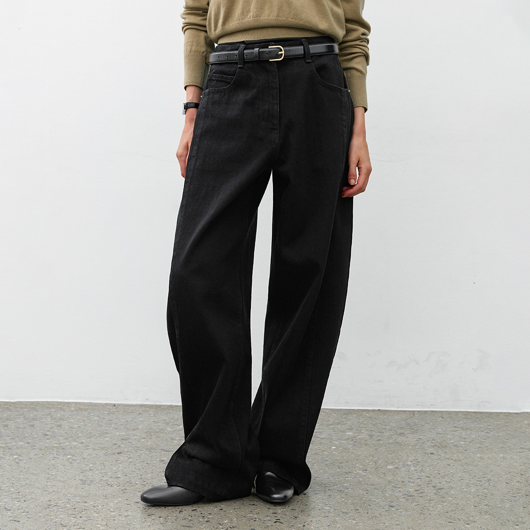 (PT-5692)HIGH WAIST CURVED DENIM PANTS