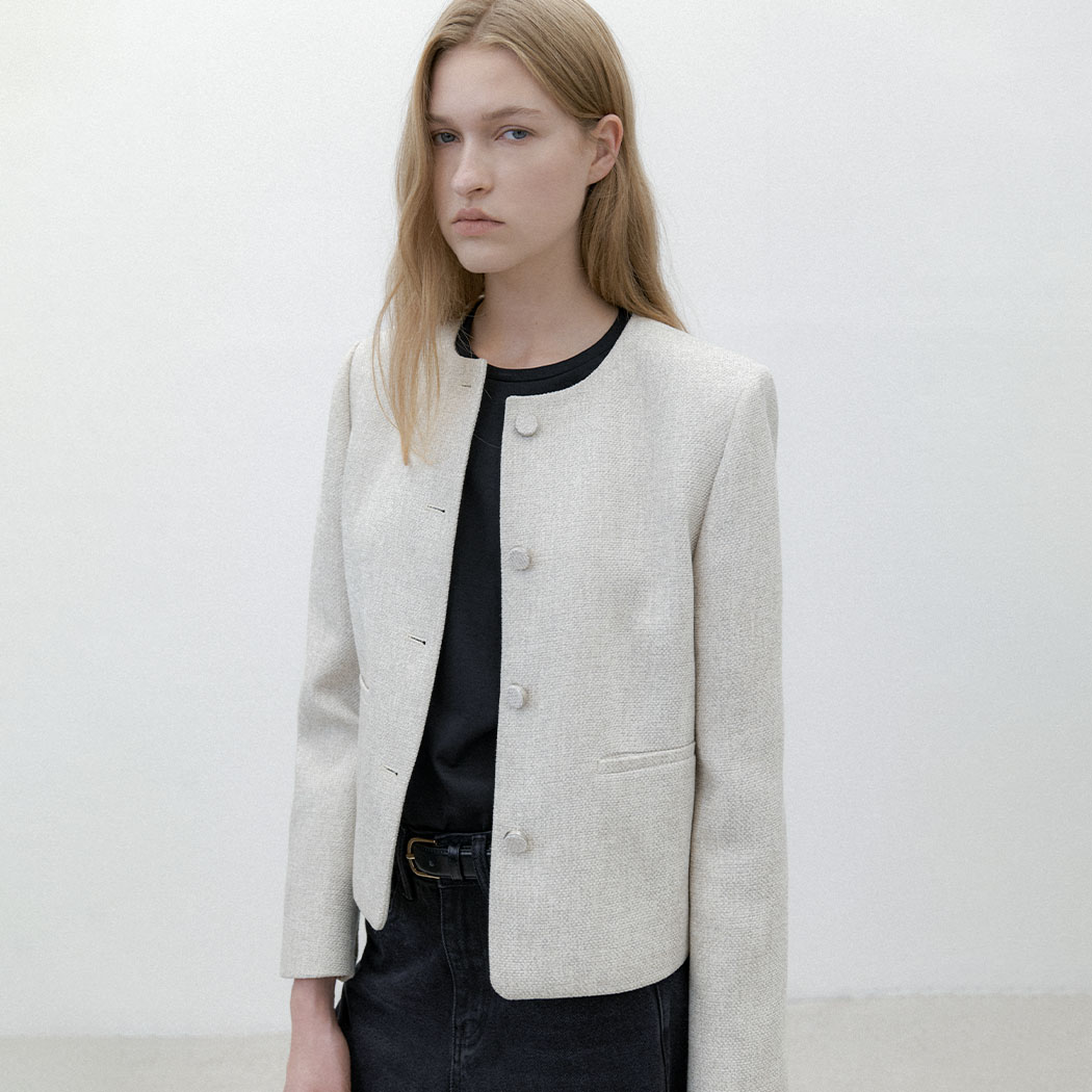 (JK-3030)COY ROUND NECK TWEED JACKET