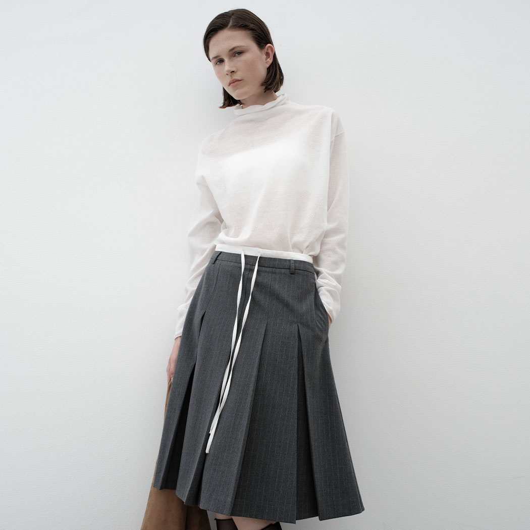 (SK-5037)DOUBLE WAIST TUCK MIDI SKIRT