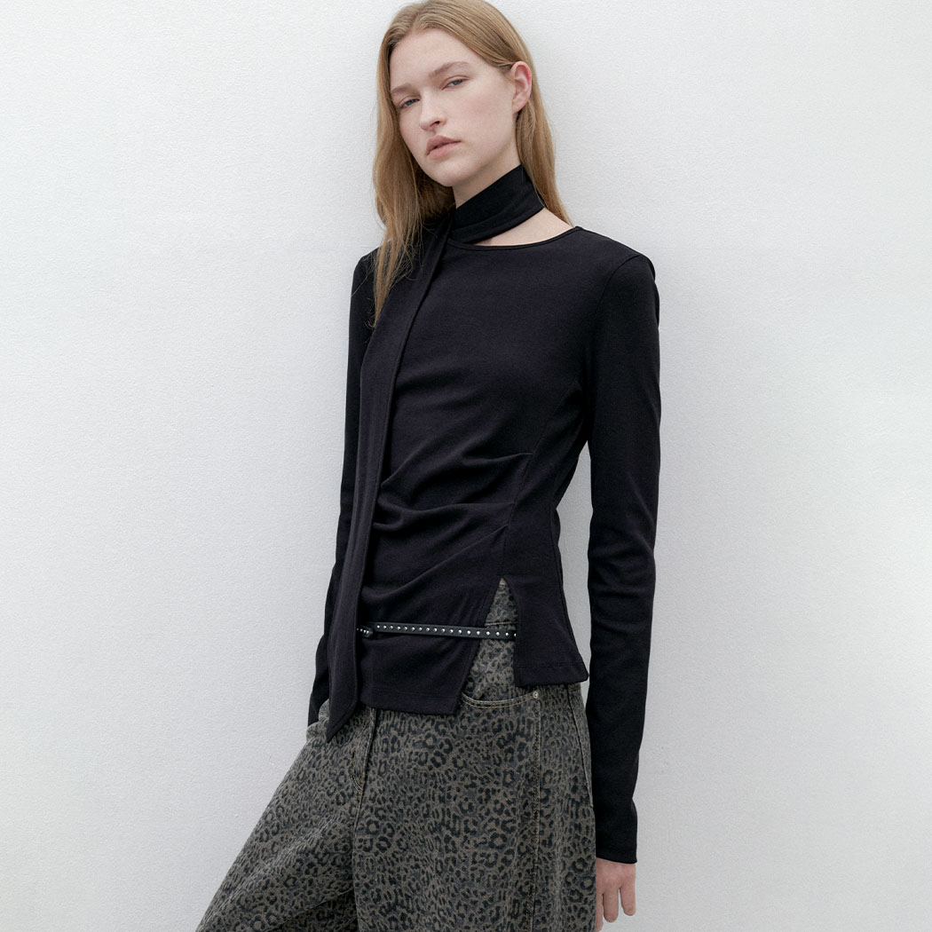 (T-7084)TIE WAIST TUCK LONG SLEEVE S