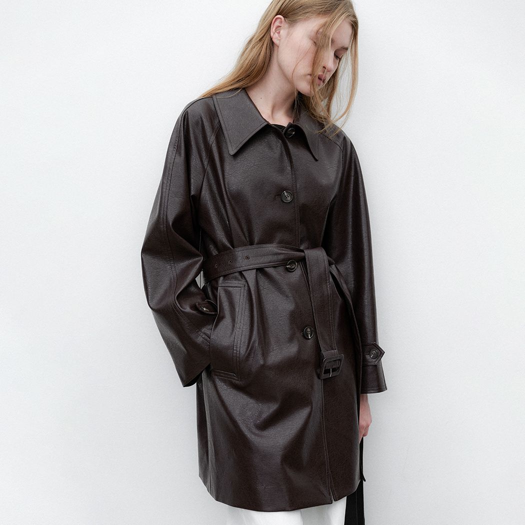 (CT-1464)LEATHER RAGLAN BELTED HALF COAT S