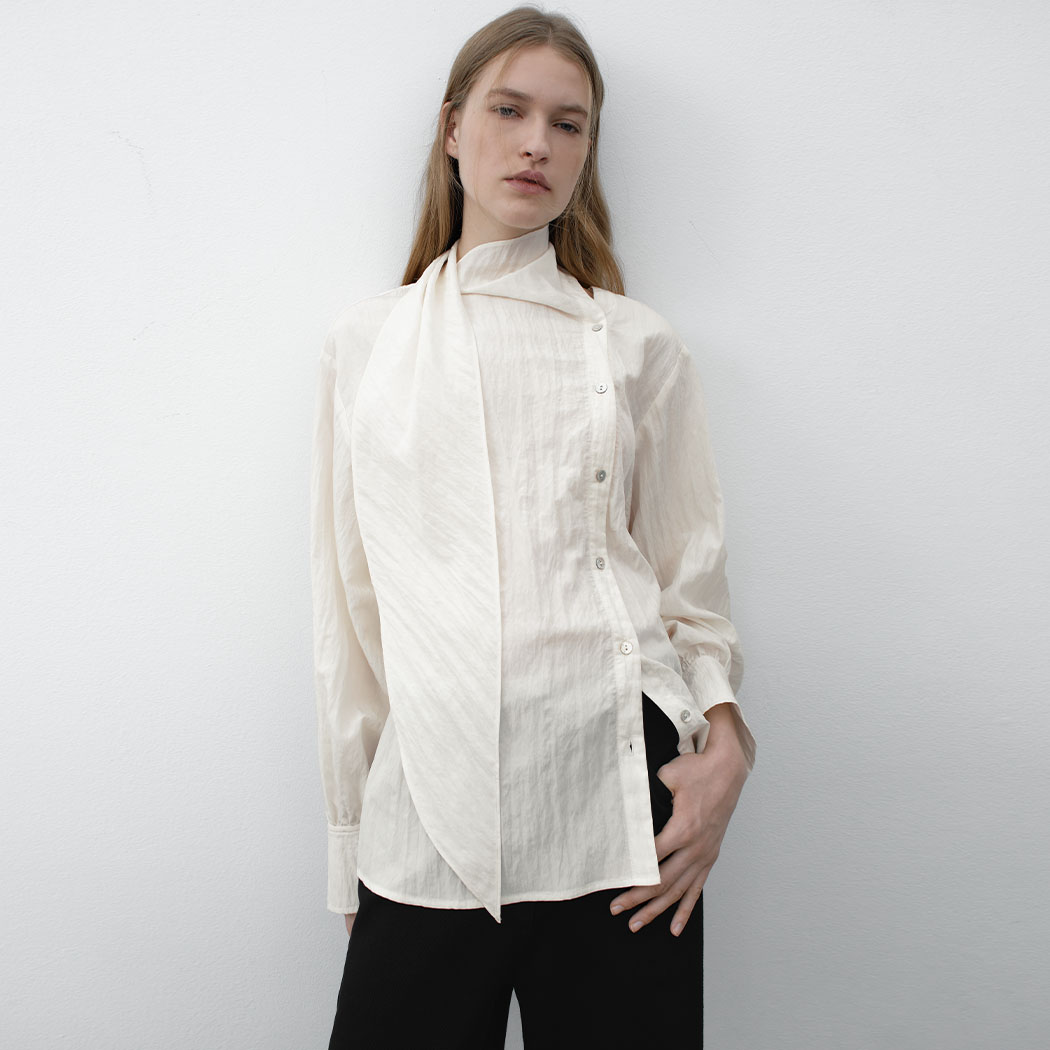 (BL-4355)PARCO NATURAL TEXTURE TIE BLOUSE