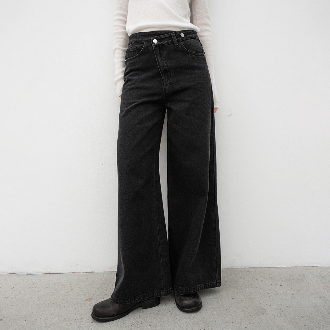 (PT-5718)TWO BUTTON UNBAL WARM DENIM PANTS