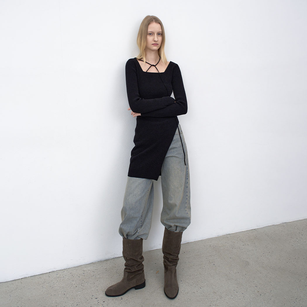 (T-7141)VELVET RIBBED STRAP LONG SLIM KNIT