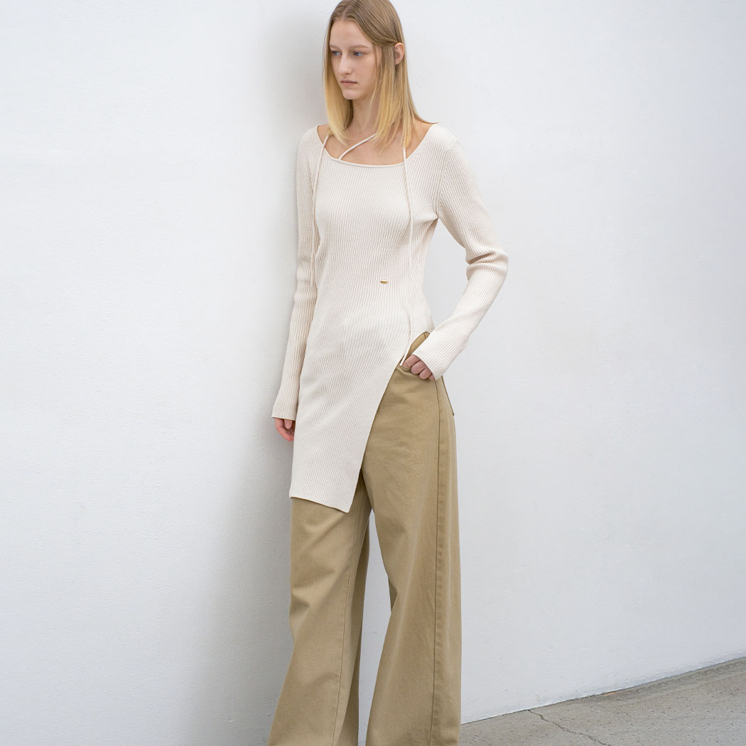 (T-7141)VELVET RIBBED STRAP LONG SLIM KNIT