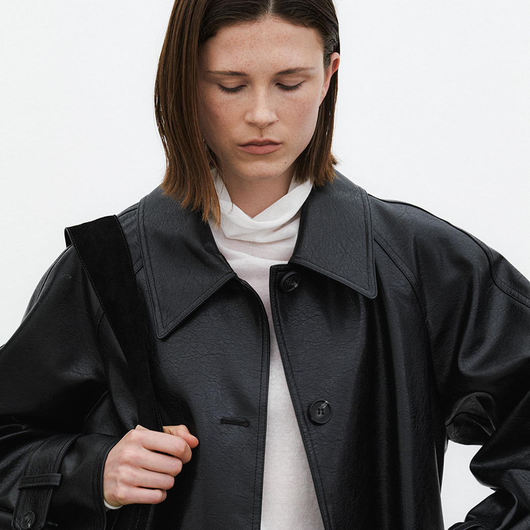 (CT-1464)LEATHER RAGLAN BELTED HALF COAT S