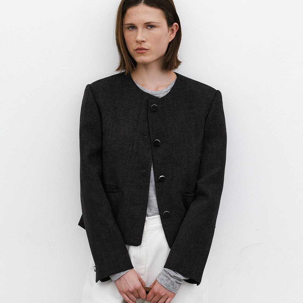 (JK-3030)COY ROUND NECK TWEED JACKET