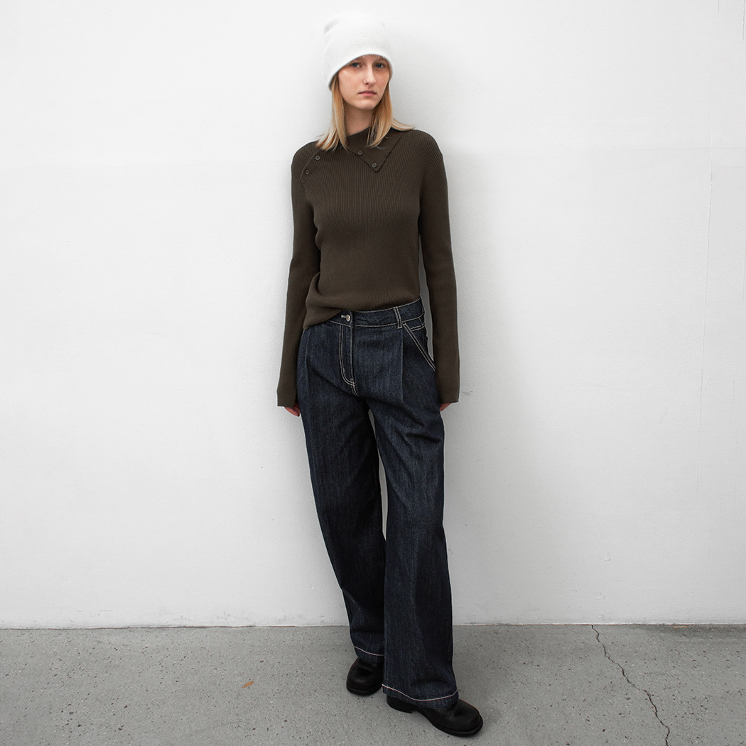 (PT-5732)STITCH TUCK WIDE DENIM PANTS