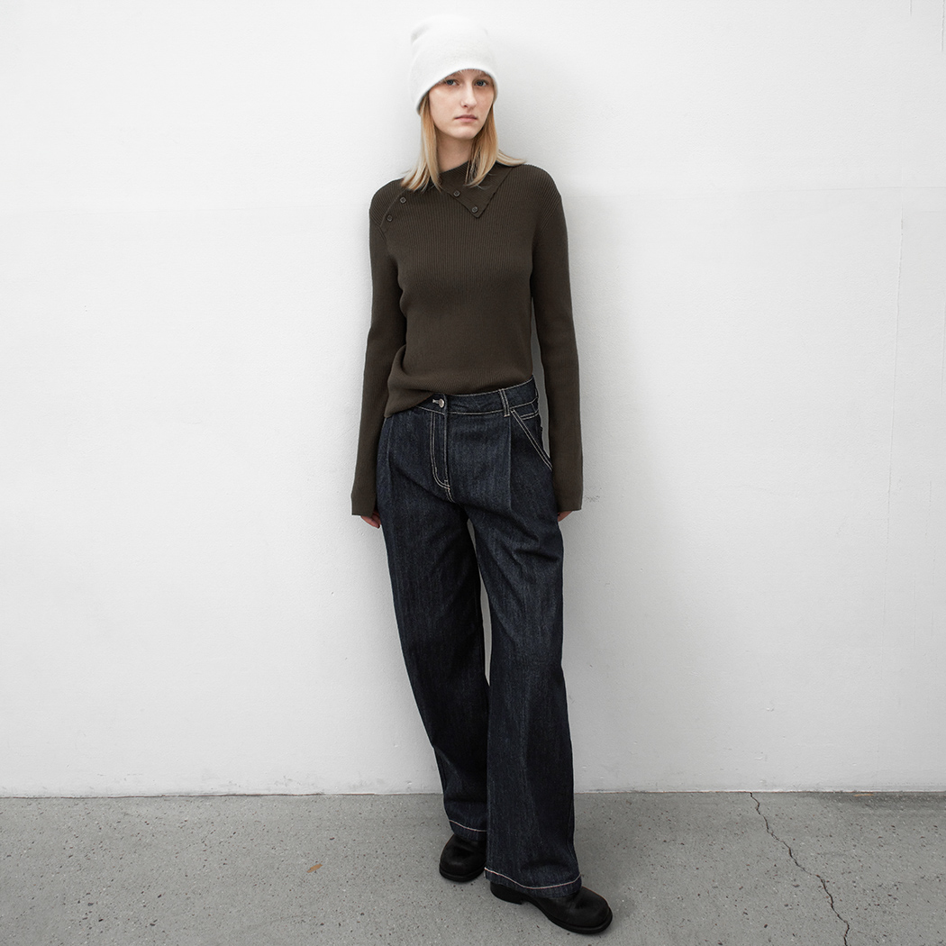 (PT-5732)STITCH TUCK WIDE DENIM PANTS