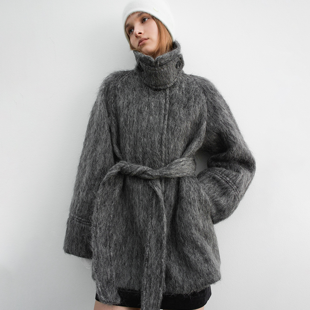 (Z-CT-1450)HAIRY WOOL BELTED HALF COAT S