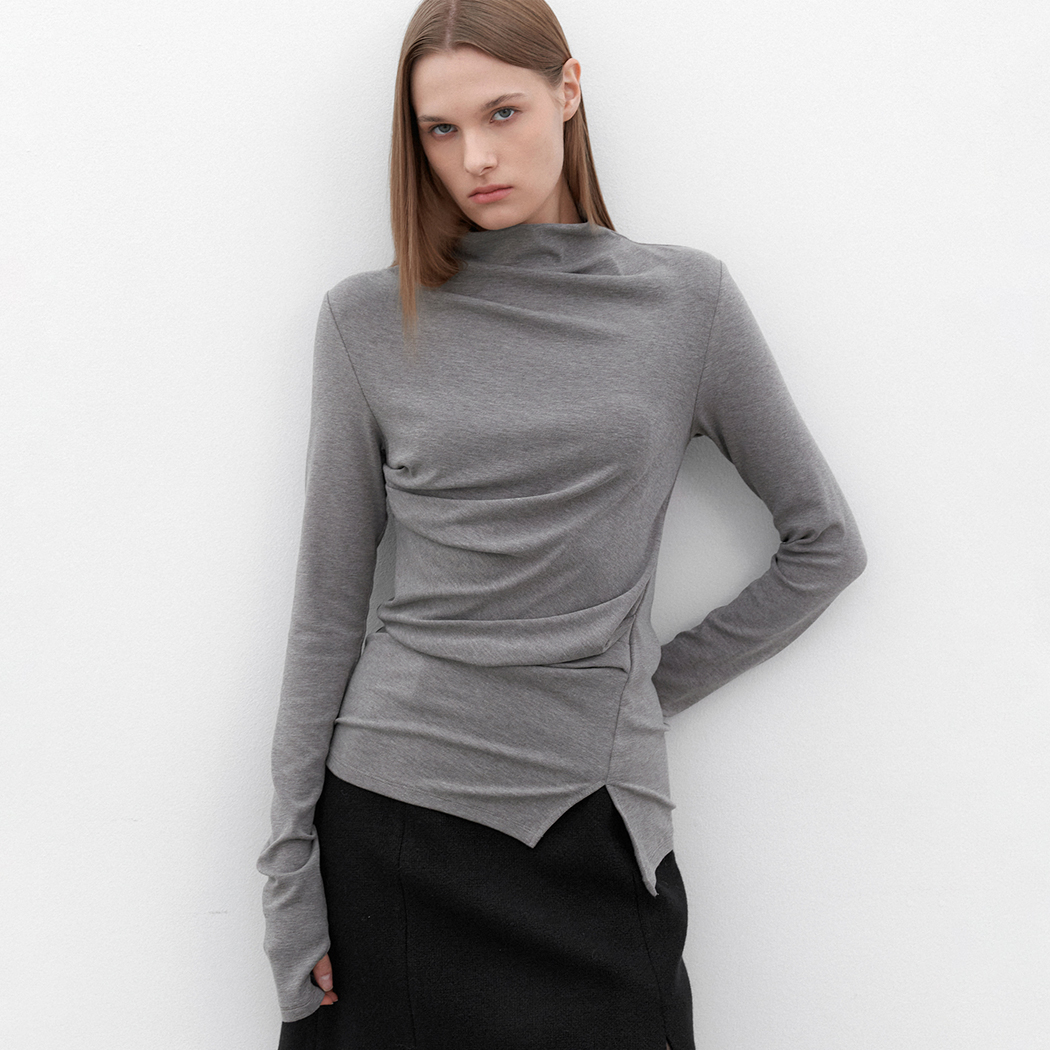 (T-7132)MOCK NECK TUCK DETAIL TEE