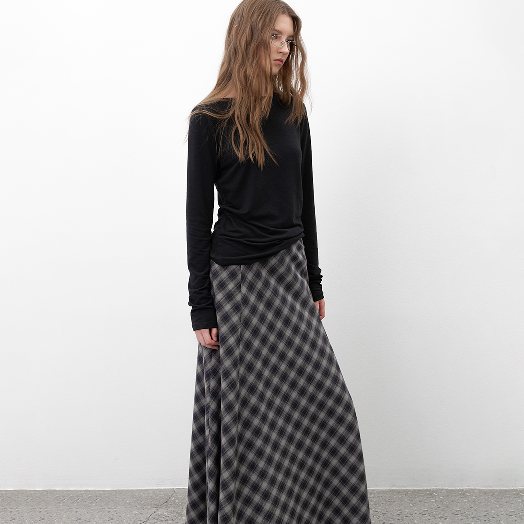 (SK-5074)FLARE CHECK LONG SKIRT