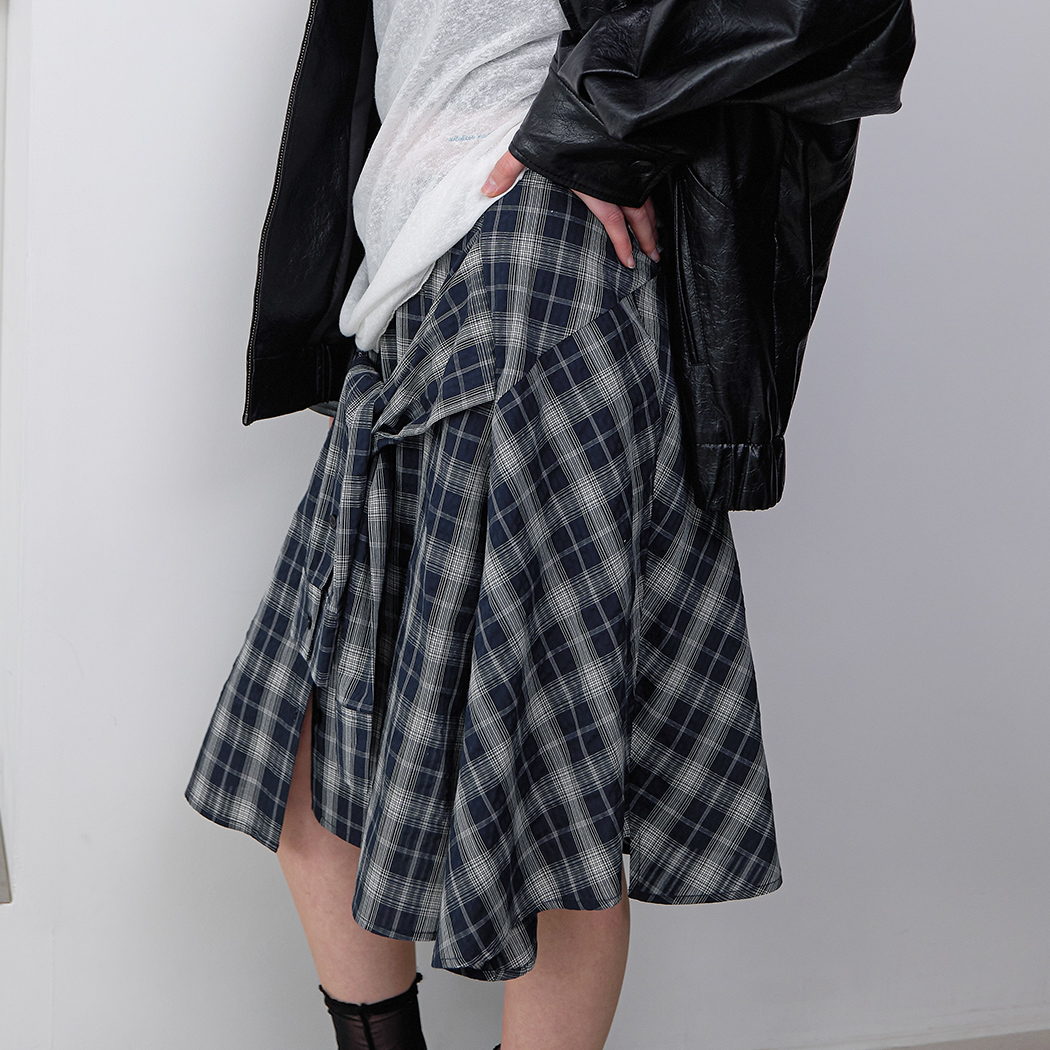 (SK-5072)CHECK TIED IRREGULAR SKIRT