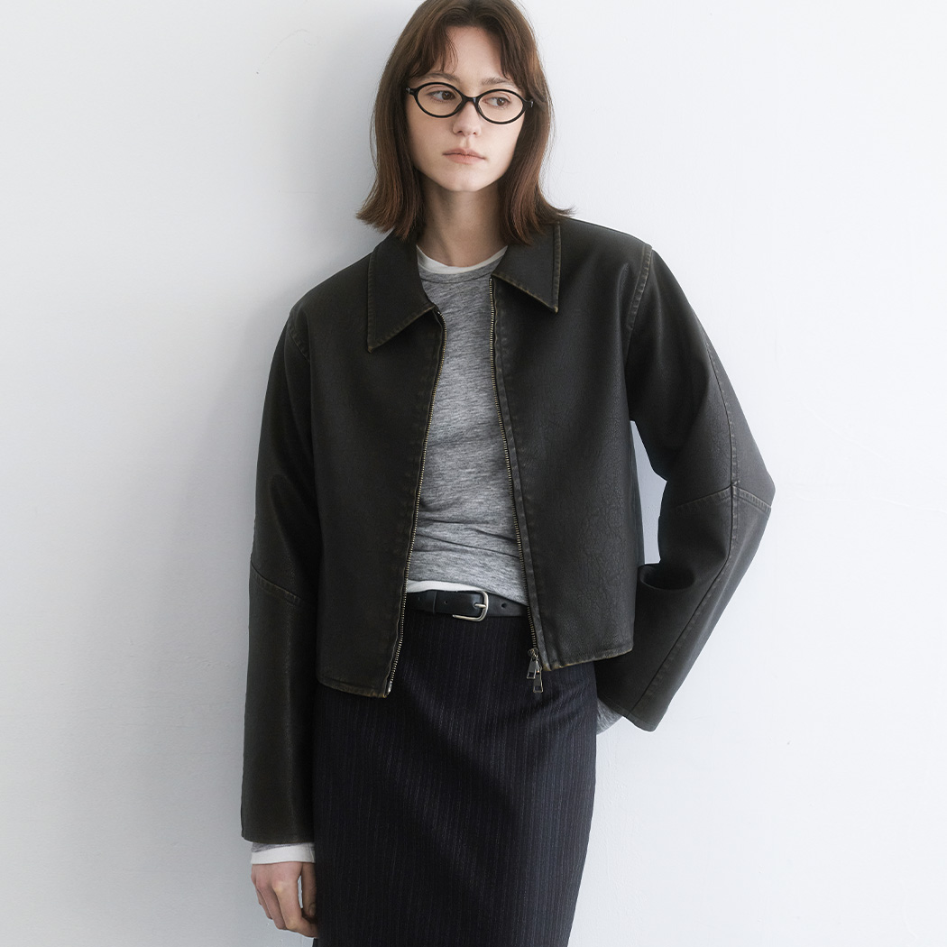 (JK-3068)LINE BRUSHED LEATHER CROP JACKET