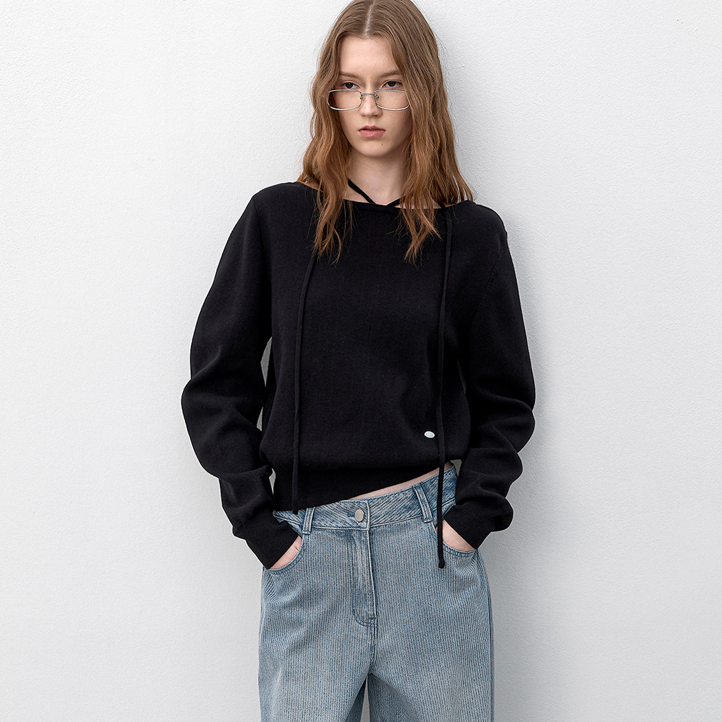 (T-7178)STRING BOAT NECK VOLUME KNIT S