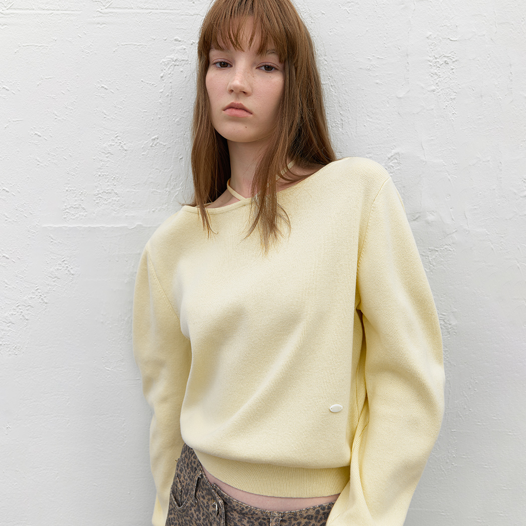 (T-7178)STRING BOAT NECK VOLUME KNIT S